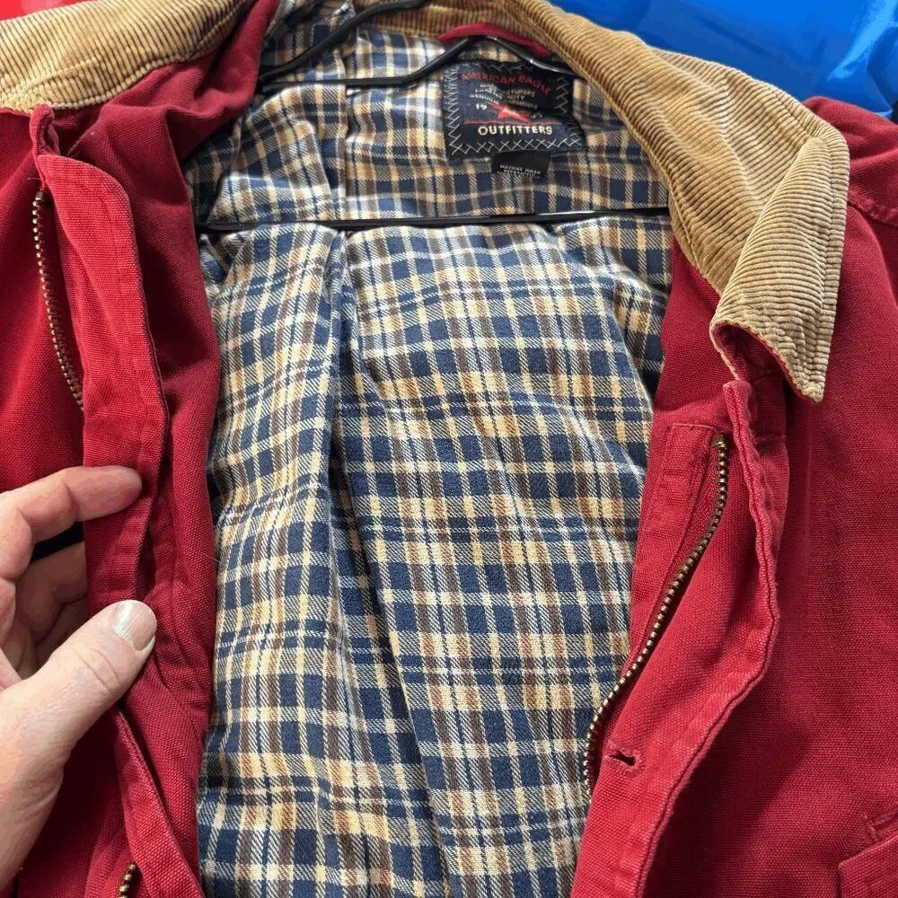 American‎ Eagle Jacket Mens XL Red Chore Barn Coat Flannel Lined Corduroy Collar